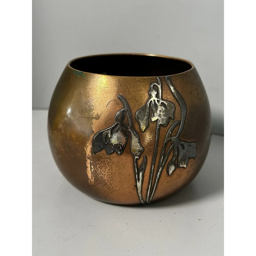 Otto Heintz Sterling Silver on Bronze Floral Round Ball Vase Art Nouveau Deco